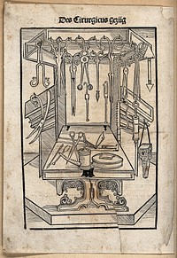 Surgical instruments in a cabinet. Woodcut, 15--.