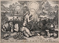 Surrounded by animals in the Garden of Eden, Eve ascends from Adam's side. Line engraving by J. Haeyler after C. van den Broeck.