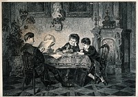 Two young children sit at a table, one is studying, the other watching the tutor who is reading his paper. Wood engraving by F. Tegelmayer after G. Knorr.