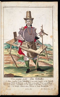 [50 coloured plates / engraved by Martin Engelbrecht, from 18th-cent. German works. These are caricatures of different types of tradesmen and their wives, with the costume, tools, and apparatus of their craft. Among them are an apothecary, a spicer, and a spectacle-maker. The plates are similar to those in Larmessin's 'Album des métiers'. The artists include J.J. Stelzer, P.A. Dagmier, and P.F. Engelbrecht. All the plates except the first two have legends in French and German and appear to be from the same work].