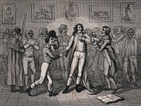 Richard Barry, 7th Earl of Barrymore, a notorious spendthrift and rake, holding a levee: he is attended by his horse-racing and cock-fighting associates and others. Etching by J. Barlow after S. Collings.