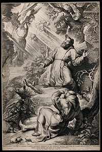 Saint Francis of Assisi receiving the stigmata from Christ on the cross; friar in the foreground. Engraving by L.E. Vorsterman after P.P. Rubens, 1618.