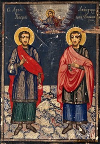 Saint Cosmas and Saint Damian. Tempera painting by a Greek painter.