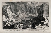 "Vulcan's cave" at the entrance to the Solfatara, near Naples: jets of steam emerging from the rock floor, watched by spectators. Etching.