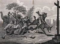 A man on a horse causing havoc among a group of people wearing cassocks, carrying crosses and rosaries. Etching by J. Barlow, 1791, after S. Collings.
