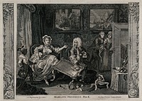 Moll Hackabout, the mistress of a wealthy Jewish merchant, in a richly decorated apartment room, kicks over a tea table as her young lover tip-toes out aided by a manservant. Engraving after William Hogarth.