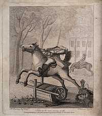 A runaway horse has upturned an apple cart and the rider is hanging on to the reins. Etching after H.W. Bunbury.