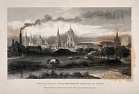 City of Oxford: from the gas works and meadows. Line engraving by J. Le Keux, 1835, after F. Mackenzie.