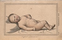 A newborn baby, lying on its back. Etching with watercolour, 1818.