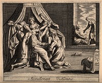 Alcmene giving birth to Hercules: Juno, jealous of the child, attempts to delay the childbirth. Line engraving.