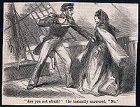 A sailor threatening a young woman with a sword on board of a ship. Wood engraving by J.J..