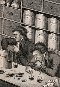 Two men at a shop counter in a tea and coffee retail shop using scales to measure out coffee beans. Engraving by G. Scott, 1805, after Bell.