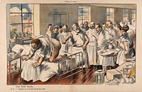 Surgeons group around a patient exhibiting an especially dramatic anal fistula; the patient happily thinks to himself that he has never before been the object of such attention. Colour process print after J-A. Faivre, 1902.