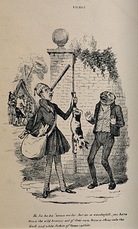 A man with a gun and a bag on his shoulder is holding a black and white rabbit up by its hind legs and showing it to another man in the street, who tells him he is shooting pet rabbits instead of wild ones. Lithograph after R. Seymour.