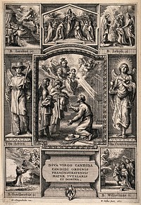 Saint Mary (the Blessed Virgin) with the Christ Child, a male donor and seven surrounding niches enclosing other figures. Engraving by W. Hollar, 1650, after A. van Diepenbeeck.