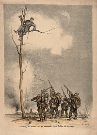 Franco-German War: a French soldier high in a tree orders a group of well equipped Germans to stop firing on him. Colour lithograph.