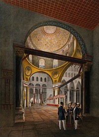 Interior of the Al-Aksa mosque, Jerusalem. Chromolithograph by C.C. Bachelier and A. Adam after François Edmond Pâris, 1862.