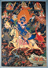 Dpal-Idan Lha-mo (Magzor Palden Lhamo, or Shri Devi), a Tibetan demon goddess riding on a mule. Distemper painting.