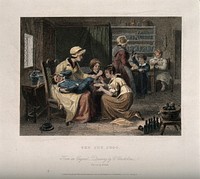 A boy cries in pain in his mother's arms while she tries to wash his cut foot, another child holds a broken glass in the background. Coloured line engraving by E. Smith after C. Chisholme.