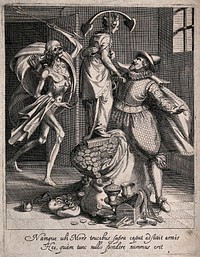 A man embraces a female figure holding an anchor who is standing on a sack filled with money while Death enters the room. Etching.