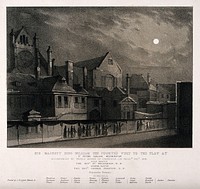 St. Peter's College, Westminster: a Royal procession by night. Lithograph, 1834.