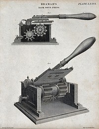 Printing: section and three-quarter view of the Bramah numerator press for banknote production. Engraving by J. Moffat after J. Farey.