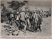 Boer War: wounded soldiers greeted with sympathy at Modder River Camp, after their trials at Magersfontein. Reproduction of a sketch by F. de Haenen after R. Thiele.