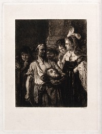 Decapitation of Saint John the Baptist: the executioner presenting the head to Salome. Etching by W. Unger after C. Fabritius.