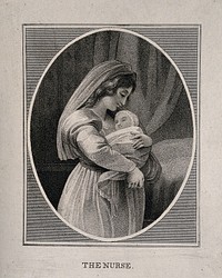 A nurse holding a baby. Engraving.