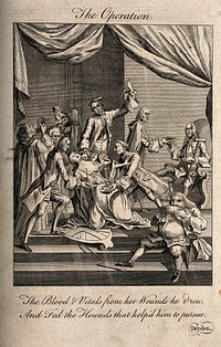 A woman being stabbed while the blood pouring from her wounds is drunk by a group of men; representing Britannia's resources being drained by politicians. Engraving, 1768.