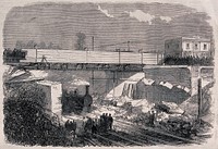 The fatal collapse of the Gloucester-Road bridge over the railway in West Croydon. Wood engraving, 1865.