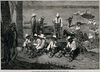 Blackwell's Island Penitentiary, New York: prisoners in chains are working with hammers breaking stones on the side of the roadway, a guard in a jacket and trousers with a cane is watching over them from under a tree. Wood engraving after G.U. Régamey.