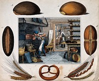 One man makes dough as another stokes the fire for the oven, there is bread on the tables and trays and baskets are piled in stacks. Coloured etching.