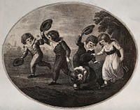 Children are playing a game with one child curled up on the floor with a rope around his neck and the others running past hitting him with their hats. Stipple engraving.