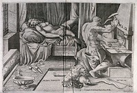 Vulcan forges metal chains while Venus sleeps. Engraving by Antonio Salamanca after G.F. Mazzola, il Parmigianino.