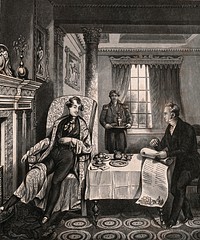 A young nobleman listens as a lawyer tells him he has come into his inheritance. Aquatint after H. Dawe, 184-.