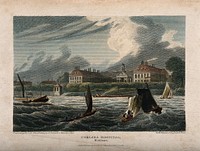 The Royal Hospital, Chelsea: looking from the Surrey side of the river in stormy weather. Coloured engraving, 1815, by W. Woolnoth after J.P. Neale after W.G. Moss.