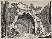 A grotto containing a magic circle, books and mythical creatures. Etching by J. Vezzani, 1728, after G. Rocchetti after P. Righini.