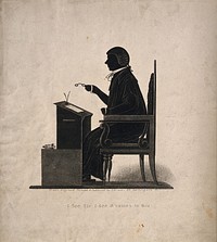 Henry Brougham wearing wig and gown and holding spectacles in his hand at his desk with papers for 'Reform'. Aquatint silhouette by J. Bruce.