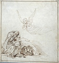 A grief-stricken widower holds his child while the spirit of its mother, seen only by the child, descends to impart her blessing to the father. Drawing.
