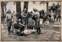 Metemma, Ethiopia: soldiers treating a trooper with severe sunstroke. Watercolour by W.S. Paget, 1898, after W.T. Maud.