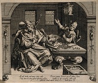A wealthy man is stabbed by a skeleton while a man weighs coins on the other side of the table; representing the vanity of riches. Engraving by M. Pregel, 1616.