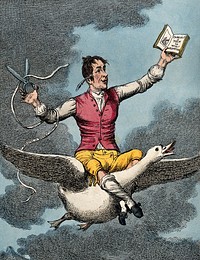 William Taylor, as a tailor holding a pair of scissors in one hand, a tape measure across his arm and a book of poetry in the other hand, riding on the back of a goose. Coloured etching, 1811.
