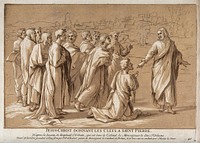 Jesus appoints Peter as head of the church; he tells him "thou art Peter … And I will give unto thee the keys of the kingdom of heaven". Colour mixed media print by P.P.A. Robert and N. Le Sueur after Raphael.