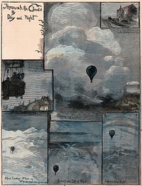 The view from a balloon on a flight over southern England in 1881. Coloured wood engraving after W.B. Murray, 1881.