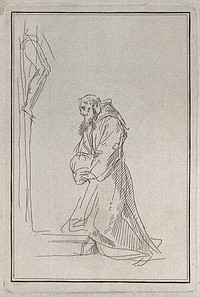 Saint Francis of Assisi kneeling in front of a cross. Etching, 17--.