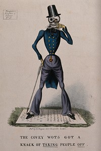 Death dressed as a fine gentleman stands on a tombstone.Lithograph.