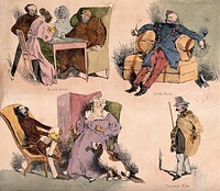Pastimes: playing cards, resting in an armchair, conversation, a man with a flute. Coloured lithograph after H. Monnnier, 1839.