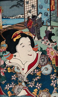 A female role actor with a scene of modern dress Genji behind. Colour woodcut by Kunisada, 1852.