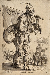 A ragged beggar carrying a banner reading "Capitano de baroni" leads a procession of lame people and beggars out of a village. Etching after J. Callot.